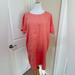 Eileen Fisher 100% Organic Linen Relaxed Fit Boxy Coral Shift Dress Size Medium